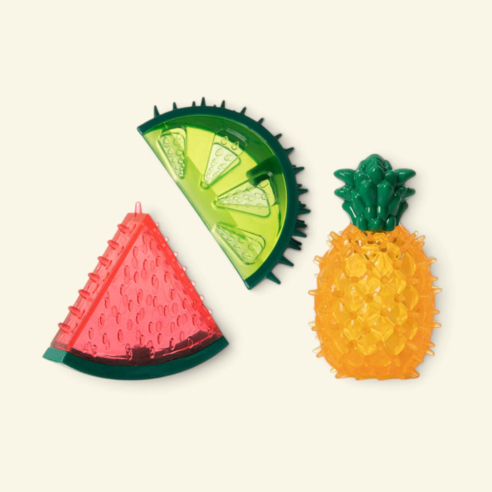 the fruit stand – watermelon, lemon, and pineapple TPR chew toys arranged together, uggaz