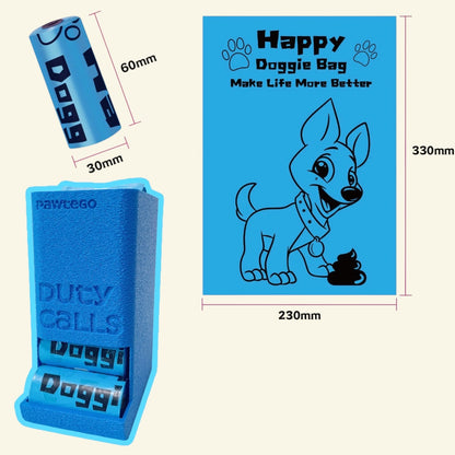 lavender-scented refill roll loaded in the blue box, with roll dimensions and the cartoon dog print pattern shown flat