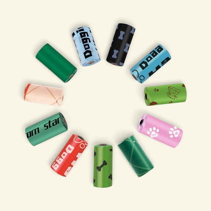 twelve bag rolls in a ring, showing the range of prints and colors that ship in the random mixed batch