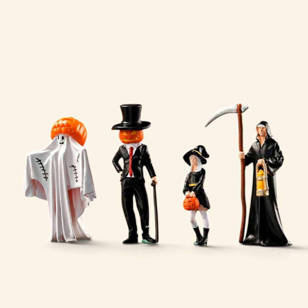 four 1:64 scale halloween figures in a row on a cream background: a ghost with a pumpkin head, a top-hat gentleman with a jack-o'-lantern face, a little witch with a pumpkin bucket, and a hooded reaper with a scythe and a lantern