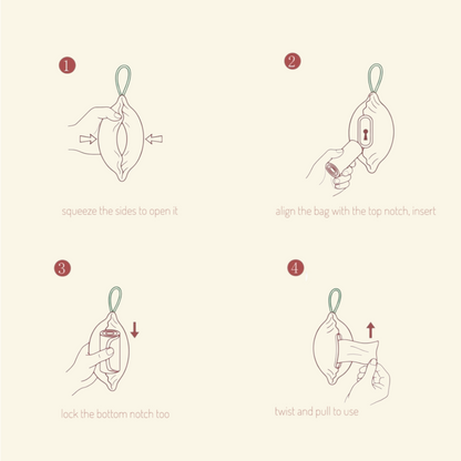 how to load the dumpling dispenser: squeeze the sides to open it, align the bag with the top notch and insert, lock the bottom notch too, twist and pull to use