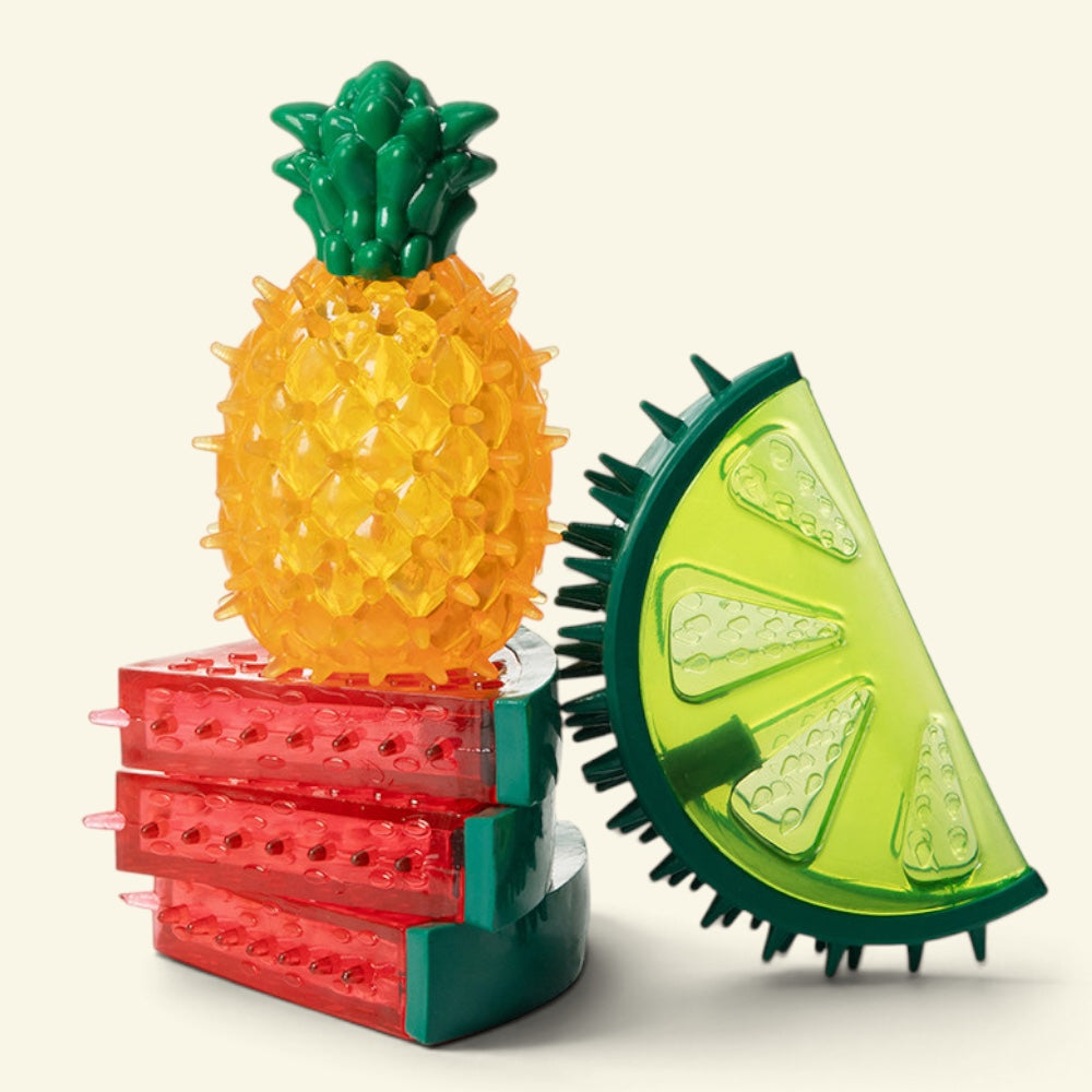 the fruit stand trio – watermelon, lemon, and pineapple TPR chew toys stacked together, uggaz