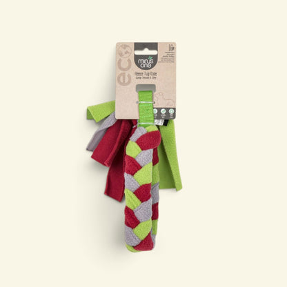 UggaZ fleece tug rope dog toy on its retail card, hanging tag view