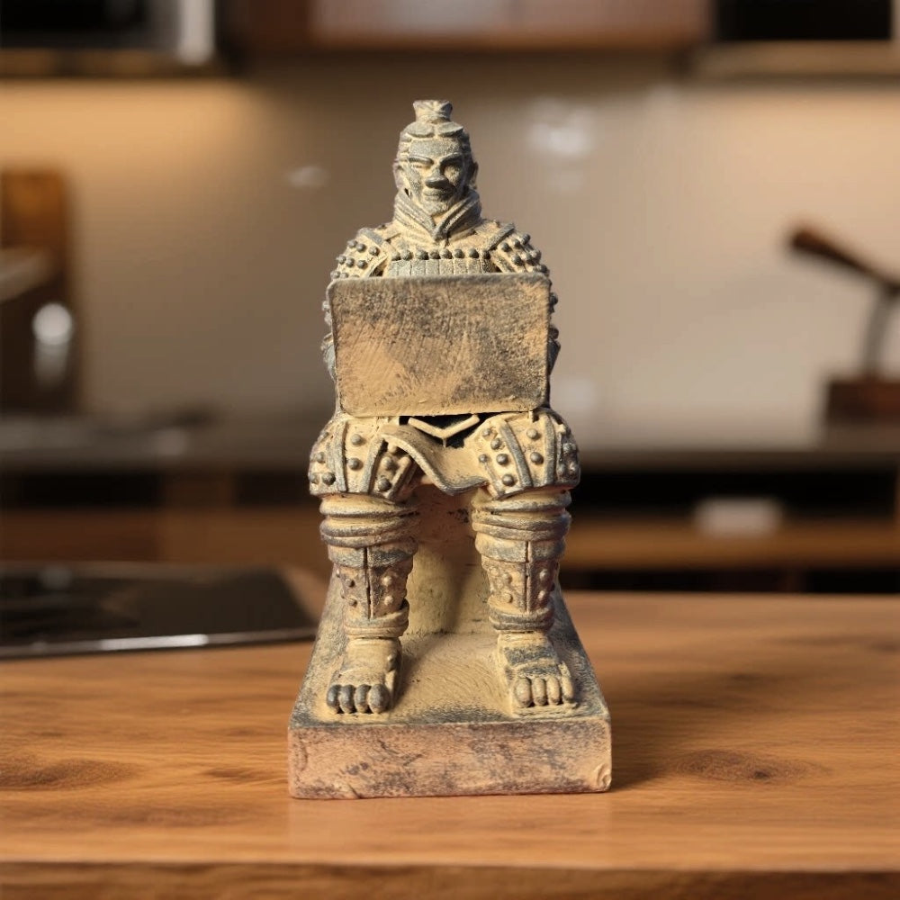 front view of the terracotta warrior figurine on a kitchen counter, face peeking over the back of his laptop screen, bare toes on the base