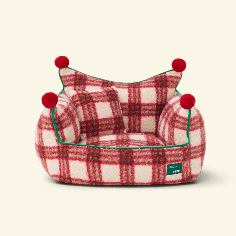 the plaid throne – red plaid christmas dog and cat bed with red pom-poms and green trim, front view, uggaz