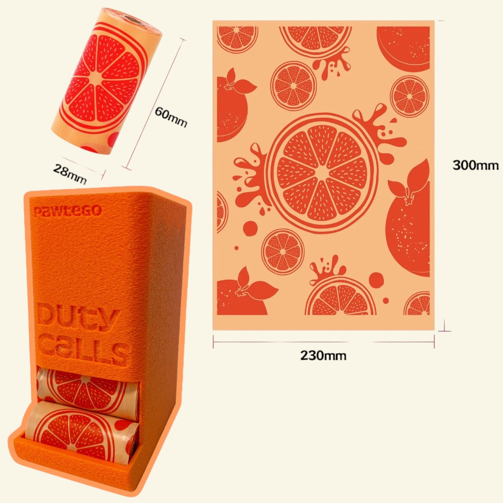 orange scented refill roll next to the orange box, with roll dimensions and the citrus print pattern shown flat