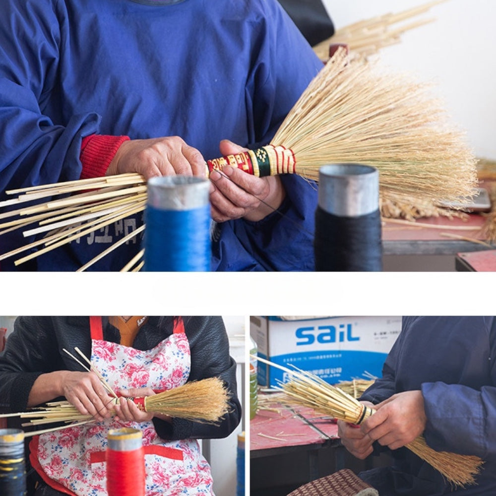 artisans hand-binding sorghum stalks with colored thread during production, uggaz