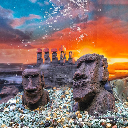 the moai figurine in an aquascaped tank, uggaz