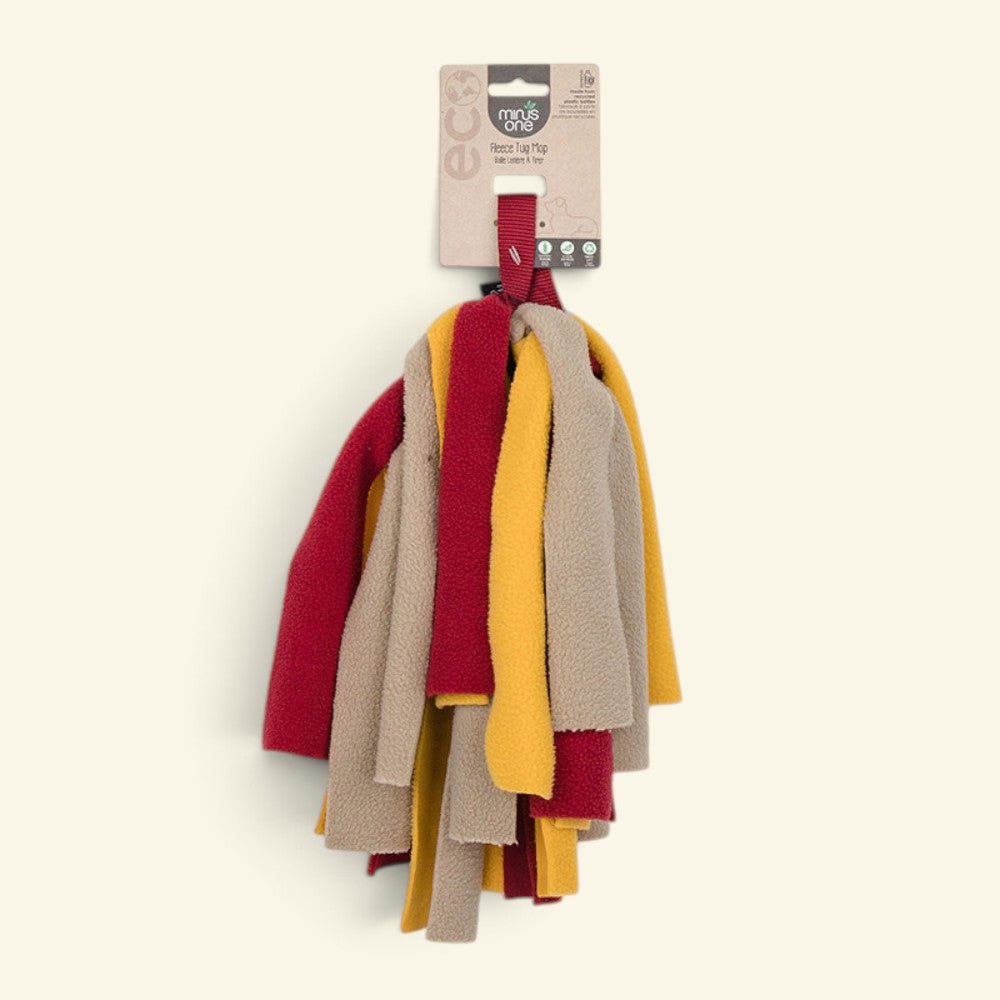 UggaZ fleece drag mop dog toy on its retail card, hanging tag view