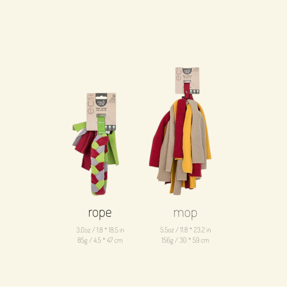 size comparison of UggaZ rope and mop styles with dimensions and weight