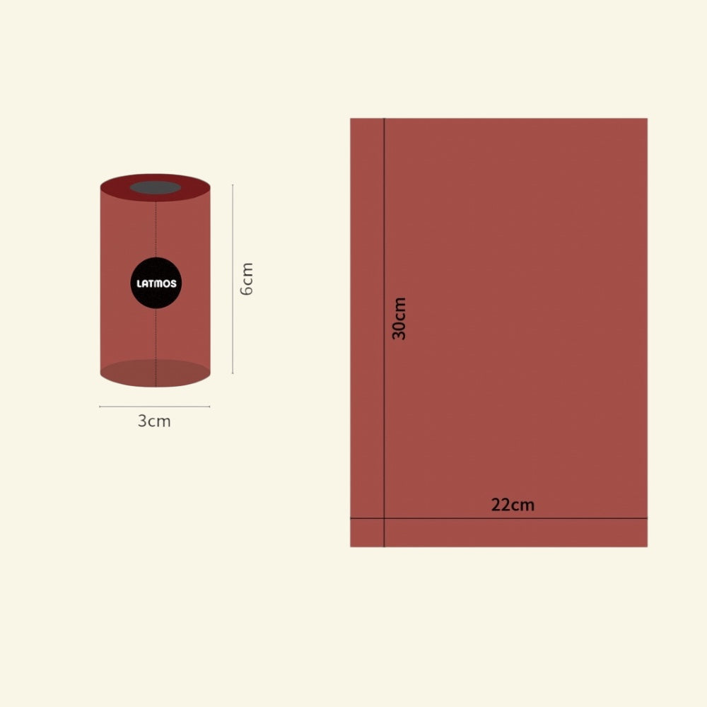 roll and bag dimensions diagram: roll 6 x 3 cm, single bag 30 x 22 cm