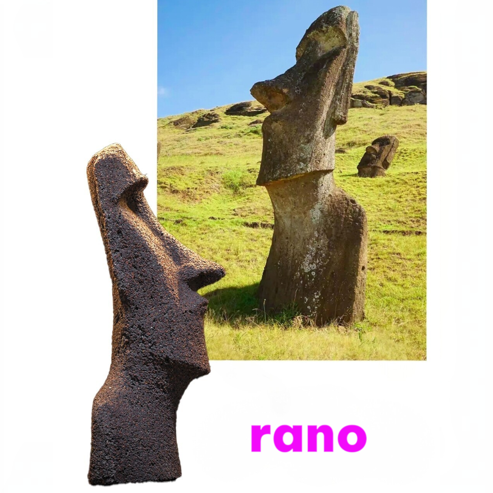 the moai – raraku figurine against a real easter island coastline backdrop, uggaz