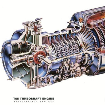 cutaway illustration of the t55 turboshaft engine showing its rows of compressor blades