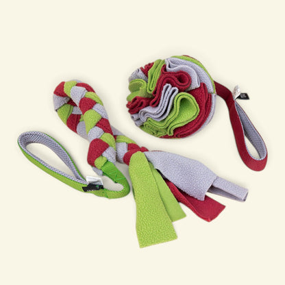 UggaZ fleece tug rope coiled, showing clip attachments at both ends