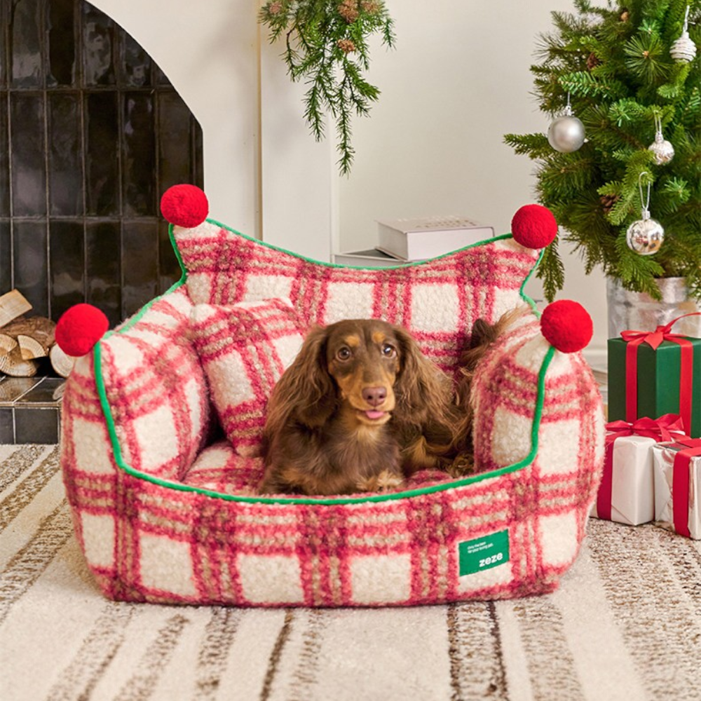 long-haired dachshund lying in the plaid throne red plaid pet bed next to a christmas tree and fireplace