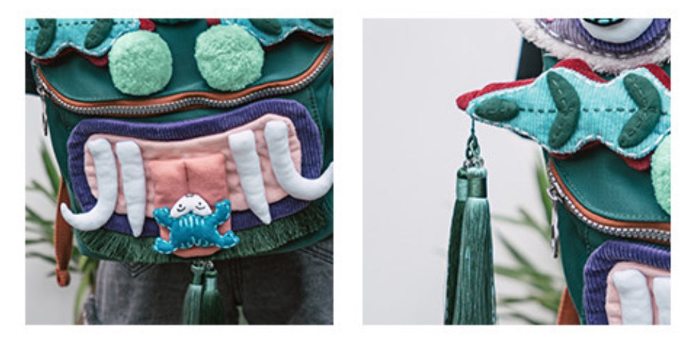 two close-ups of the tiger pack — the front zip pocket with ivory tusks and a small blue charm, and one ear with its tassel, uggaz