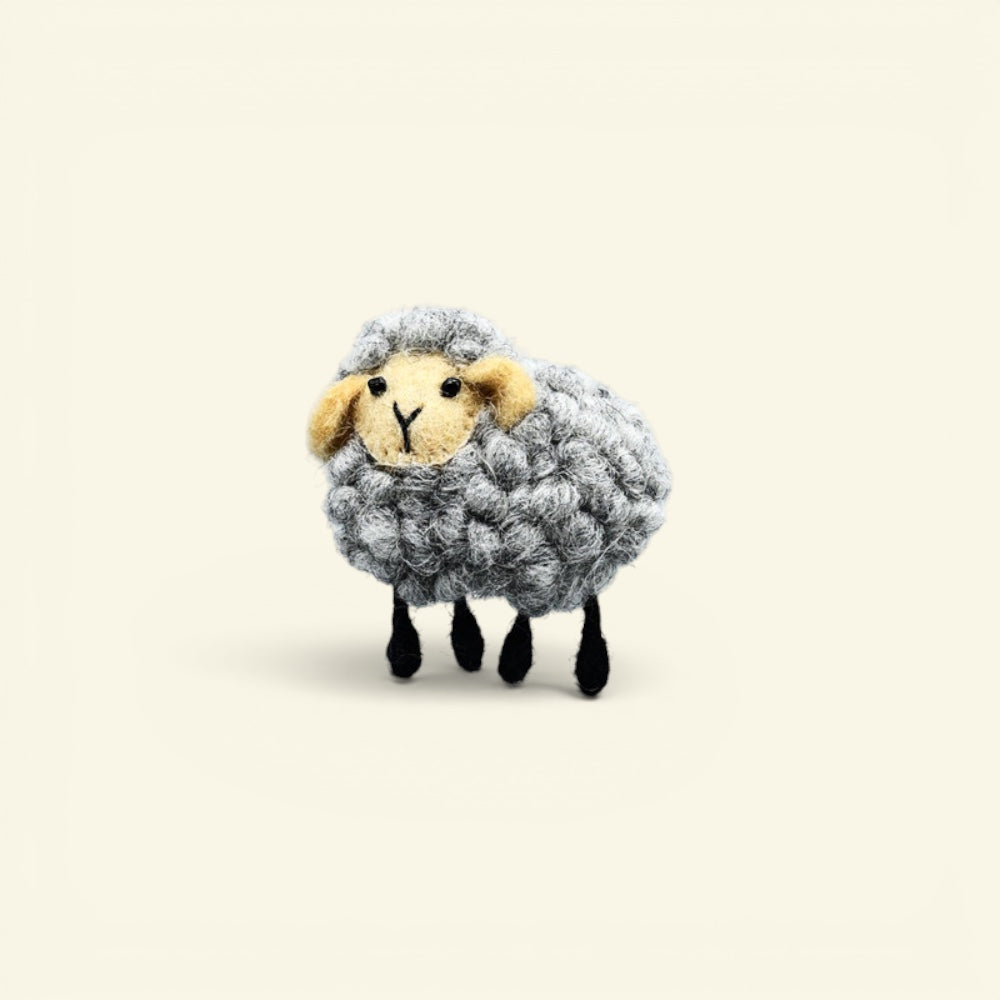 the felt farm – wool felt sheep brooch, gray curly coat and black legs, uggaz