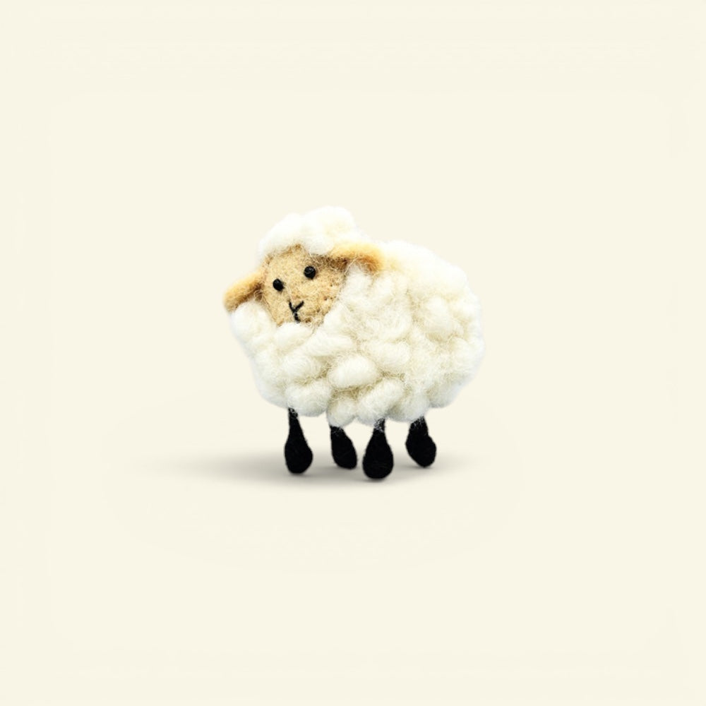the felt sheep – cream, curly wool felt sheep brooch with black legs, handmade in nepal, uggaz