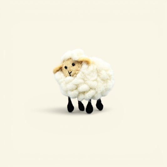 the felt sheep – cream, curly wool felt sheep brooch with black legs, handmade in nepal, uggaz
