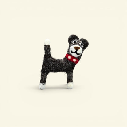 the felt house – black wool felt dog brooch, white-tipped tail and paws, red collar, uggaz
