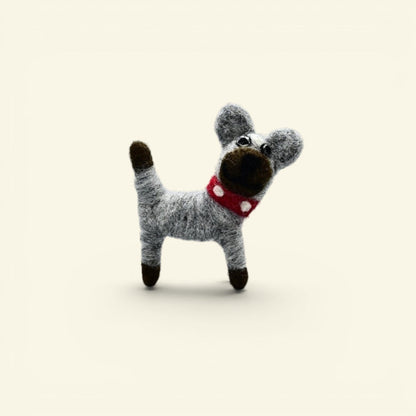 the felt house – gray wool felt dog brooch, red polka-dot collar, needle-felted in nepal, uggaz