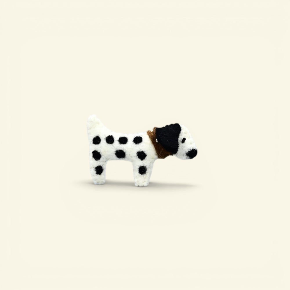 the felt house – wool felt spotted dog brooch, white with black spots, tan and black ear, uggaz