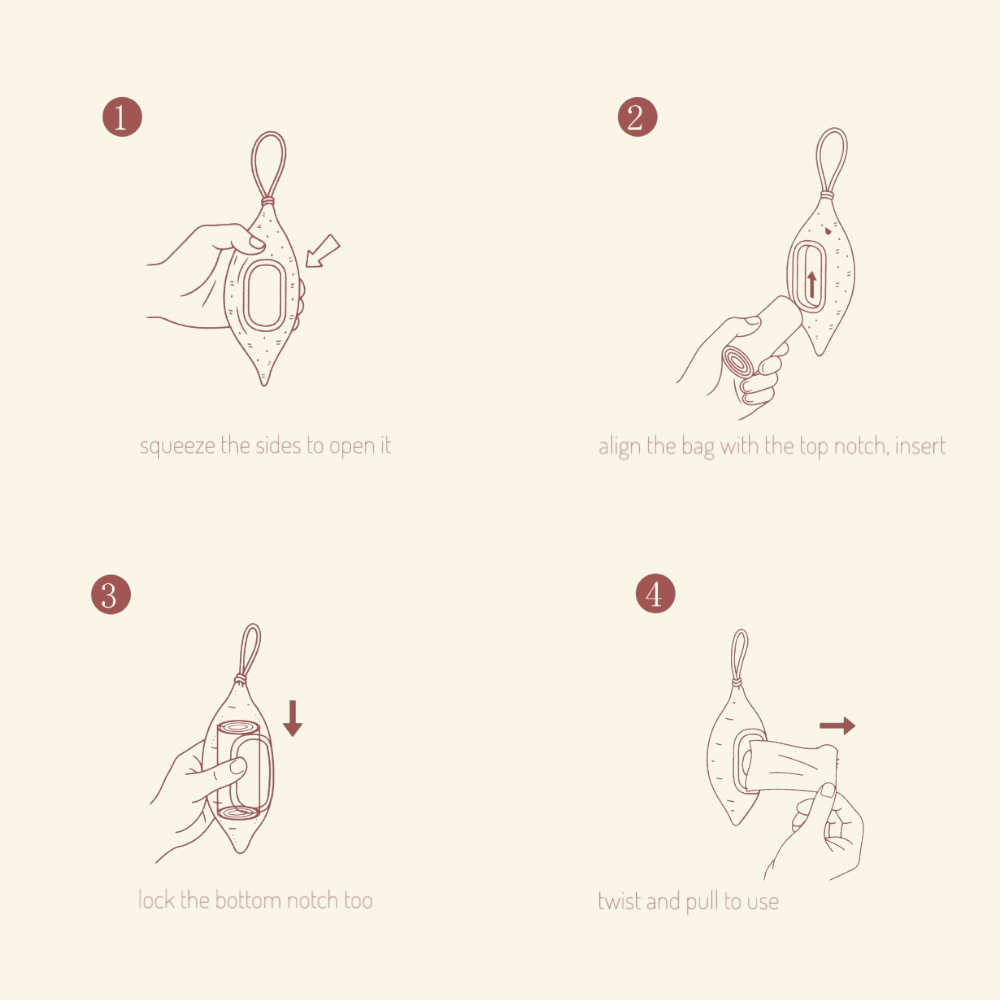 how to load the yam dispenser: squeeze the sides to open it, align the bag with the top notch and insert, lock the bottom notch too, twist and pull to use