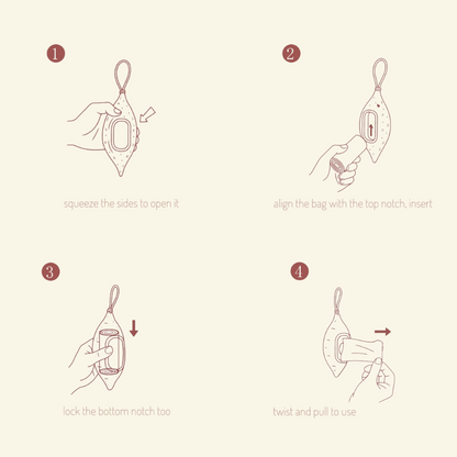 how to load the yam dispenser: squeeze the sides to open it, align the bag with the top notch and insert, lock the bottom notch too, twist and pull to use