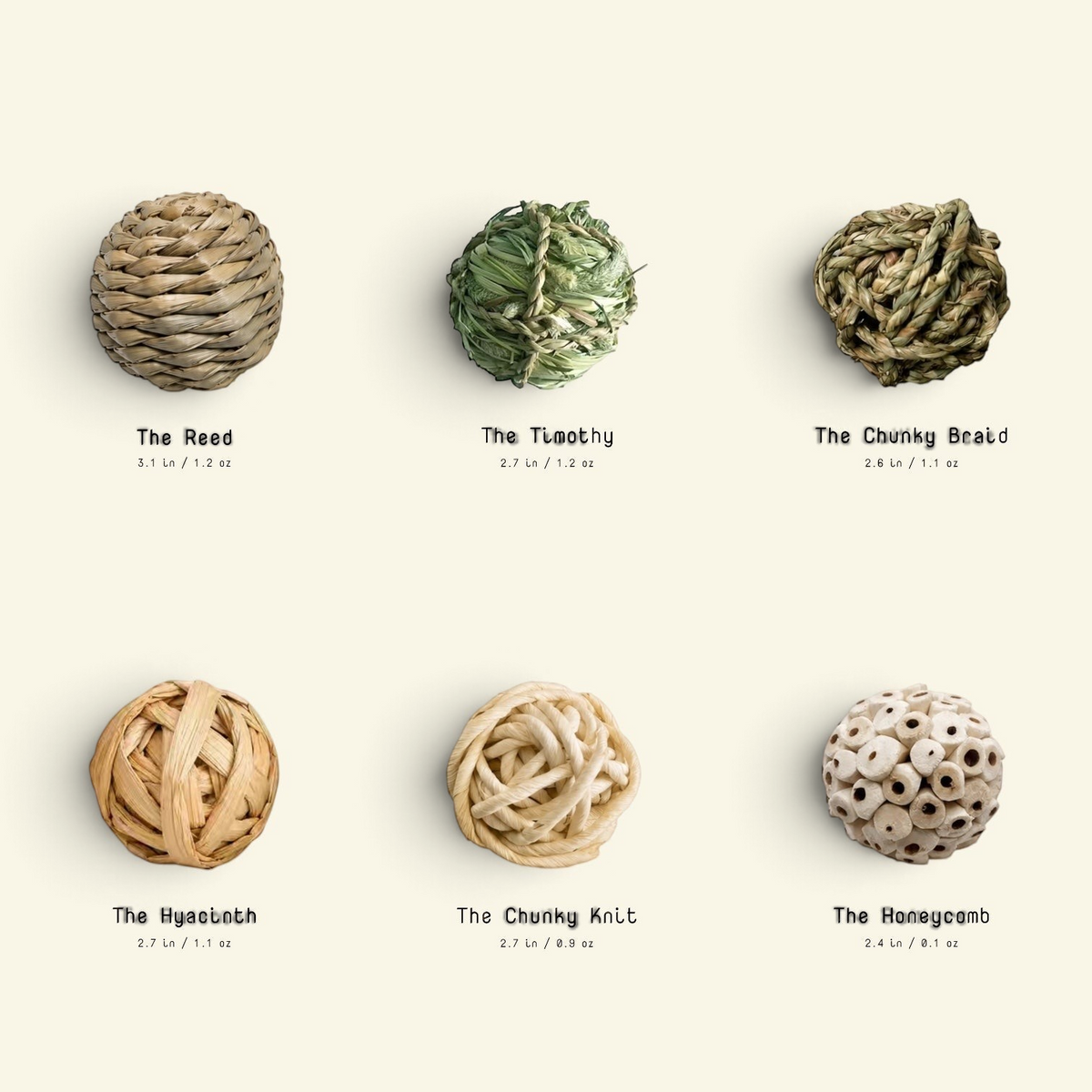 the love-hate ball – all six textures side by side: the reed, the timothy, the chunky braid, the hyacinth, the chunky knit, the honeycomb, uggaz