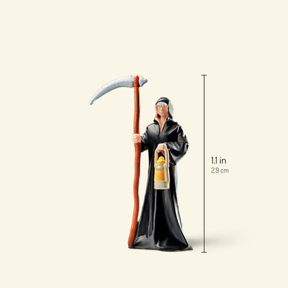 the reaper, a 1:64 hooded figure in a black robe holding a tall scythe and a small lantern, about 1.1 in / 2.9 cm tall