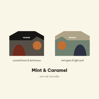 color chart for mint & caramel: one side caramel brown and dark brown, the other side mint green and light sand