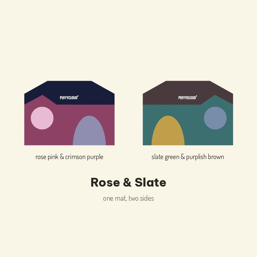 color chart for rose & slate: one side rose pink and crimson purple, the other side slate green and purplish brown