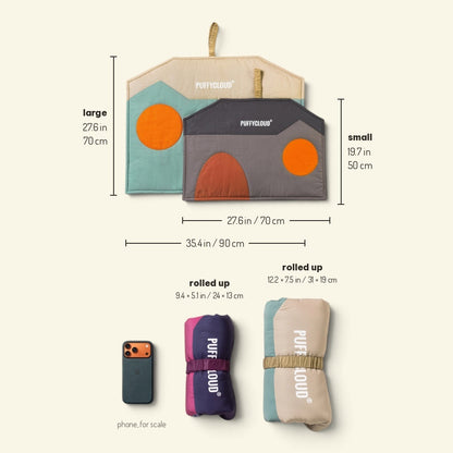 size guide: large mat 35.4 × 27.6 in / 90 × 70 cm, small mat 27.6 × 19.7 in / 70 × 50 cm, and both mats rolled up next to a phone for scale