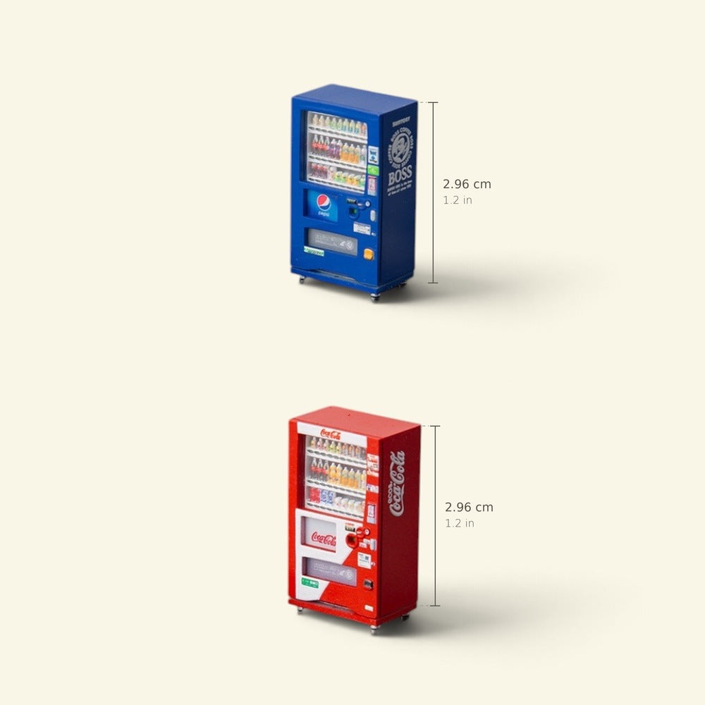 blue and red 1:64 vending machines with height marked, each about 2.96 cm / 1.2 in tall